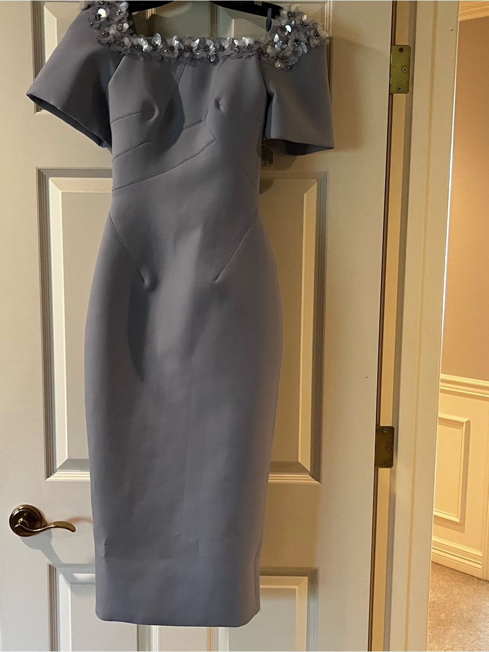 Rachel Gilbert dress with floral sequin embellishments along the neckline